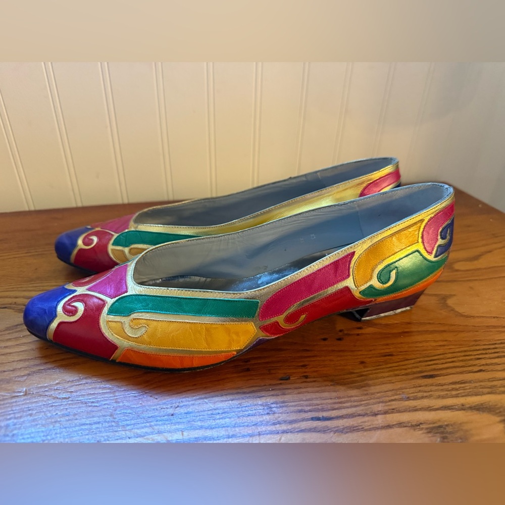 Vintage 1980s Margaret Jerrold Multicolored Jewel Tones Leather Applique Pumps